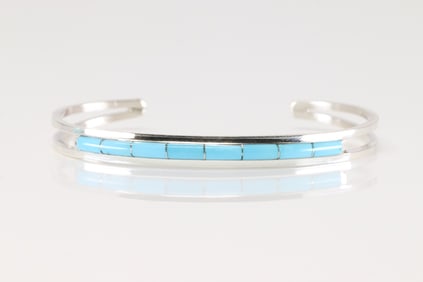 Native America Zuni Sterling Silver Turquoise Inlay Bracelet Cuff By A.L.W.