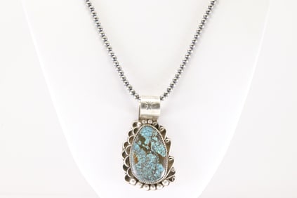 Native America Navajo Sterling Silver Number 8 Turquoise Pendant By Virginia Hinio. With Pearl