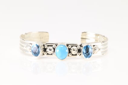 Native America Navajo Sterling Silver Blue Topaz & Turquoise Bracelet Cuff By Gilbert Smith.