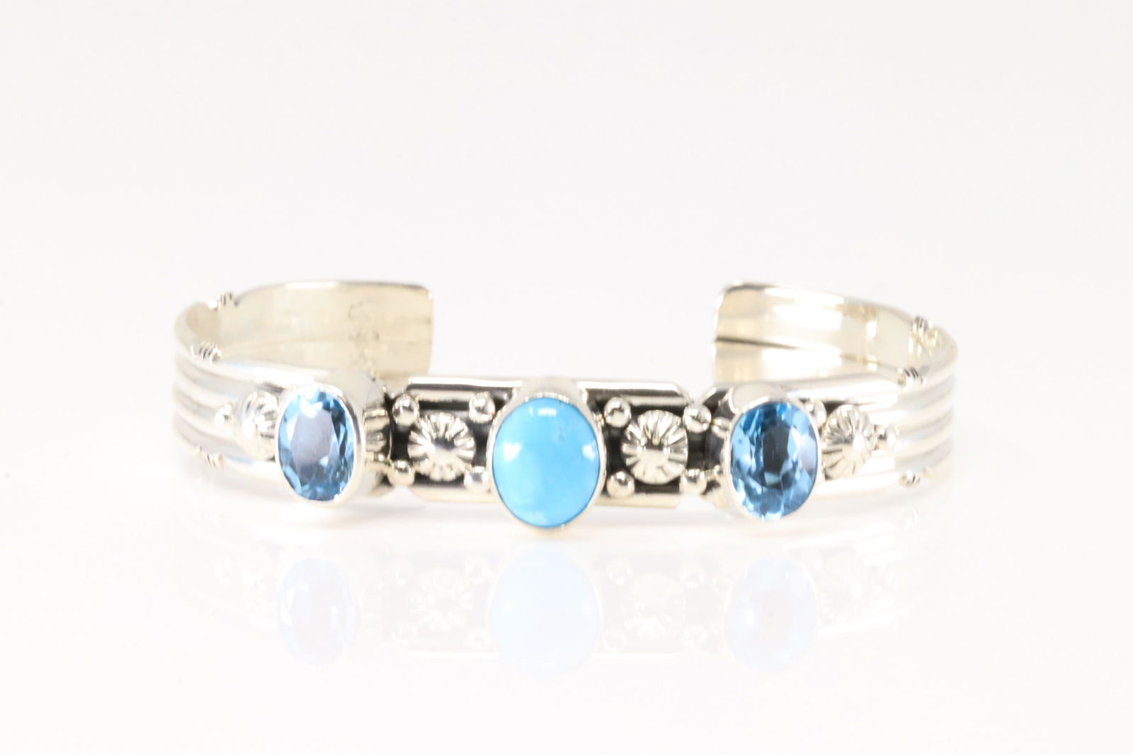 Native America Navajo Sterling Silver Blue Topaz & Turquoise Bracelet Cuff By Gilbert Smith. (1 of 4)