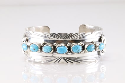Native America Navajo Sterling Silver Kingman Turquoise Bracelet Cuff By M.Thomas Jr.