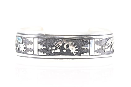 Native America Navajo Sterling Silver Stamped Kokopelli Bracelet Cuff By T&R Singer.
