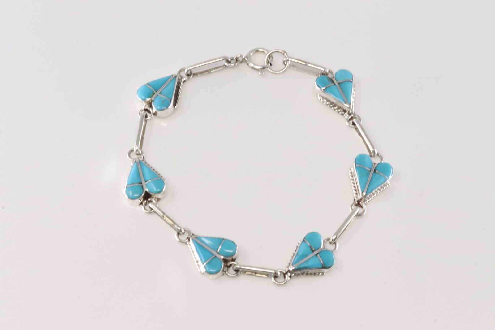 Native America Zuni Sterling Silver Turquoise Heart Inlay Bracelet Link By velda Nastacio. (1 of 4)