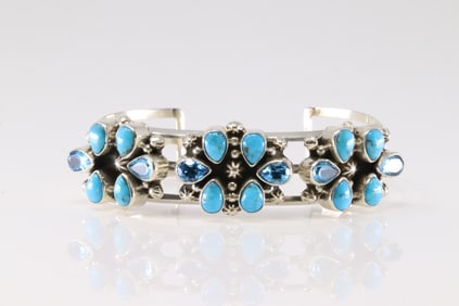 Native America Navajo Sterling Silver Blue Topaz & Turquoise Bracelet Cuff By Miike Smith.
