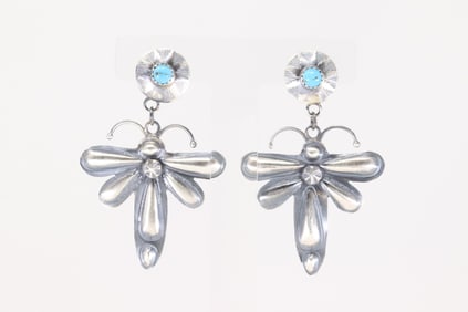 Native America Navajo Sterling Silver Turquoise Dragonfly Post / Dangling Earring's By Tim Yazzie.
