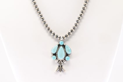 Native America Navajo Sterling Silver Turquoise Necklace By Bobby Platero.