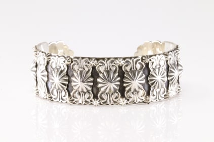 Native America Navajo Sterling Silver Stamped Bracelet Cuff By Bobby Platero.
