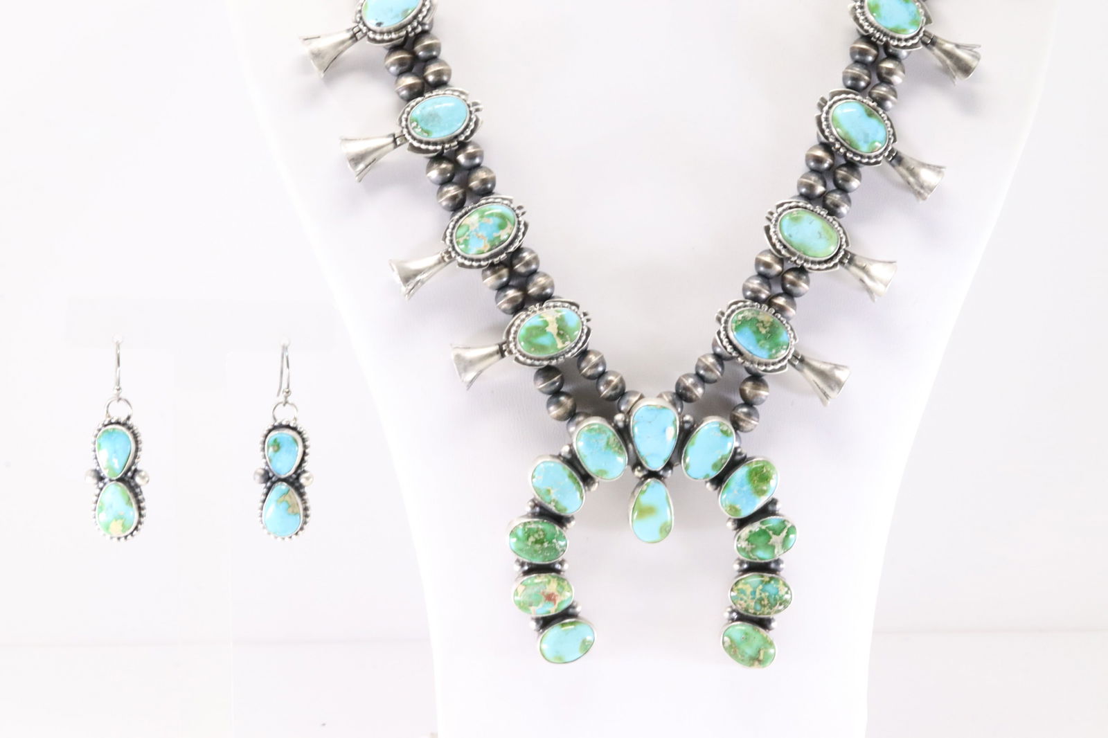 Native America Navajo Sterling Silver Sonora Gold Turquoise Squash Blossom Necklace & Earring's Set (1 of 9)