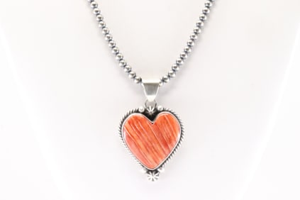 Native America Navajo Sterling Silver Spiny Oyster Heart Pendant By Johnny Dixon. With Pearl Beaded
