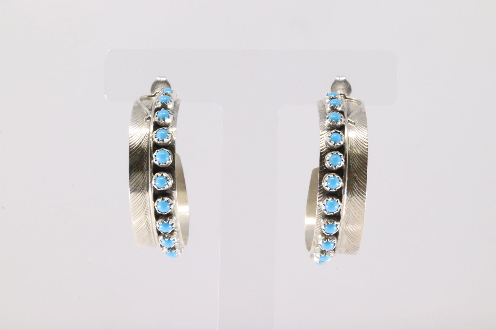 Native America Navajo Sterling Silver Turquoise Feather Hoop Earring's By Chester Charley. (1 of 4)