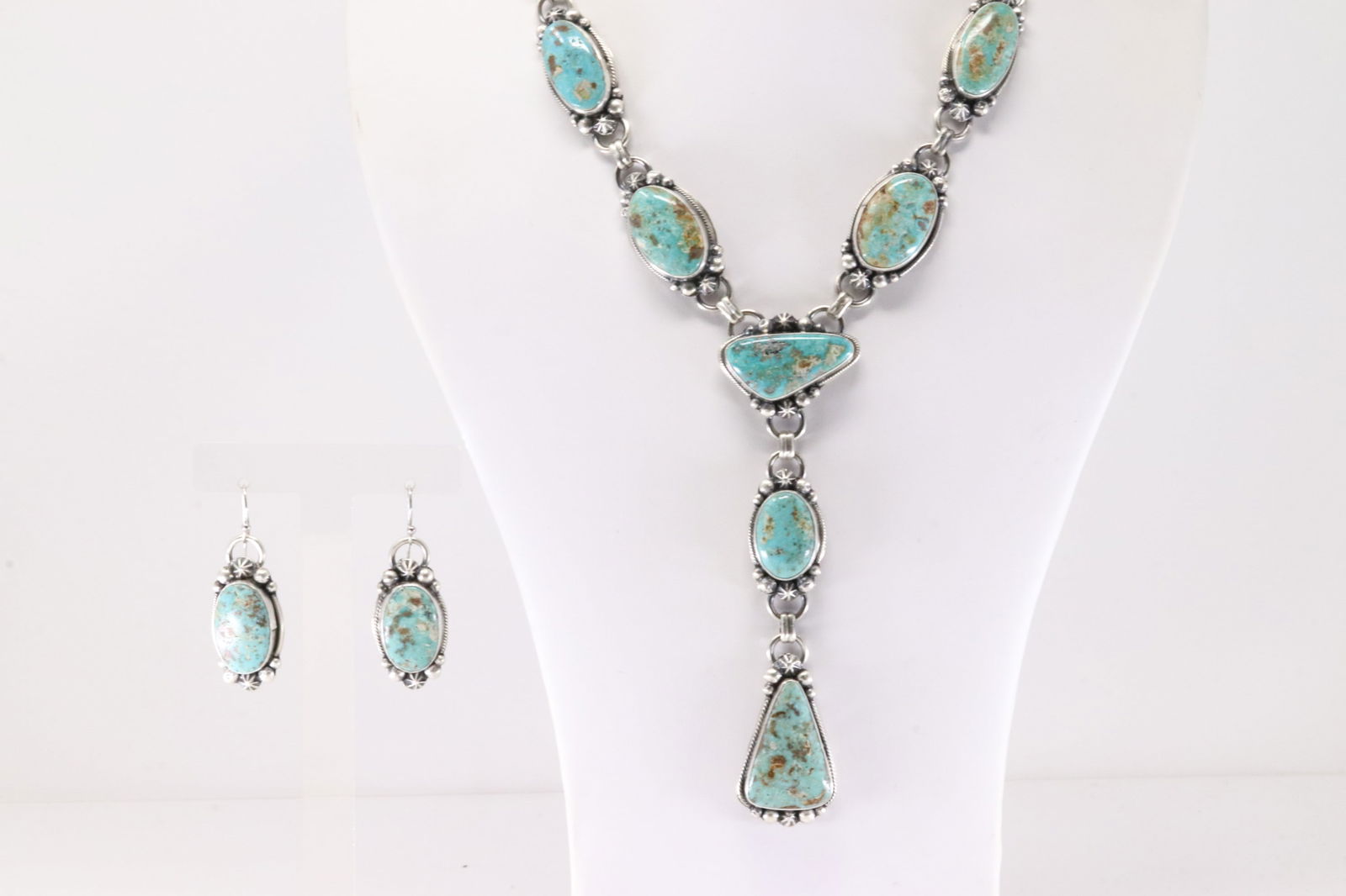 Native America Navajo Sterling Silver Kingman Turquoise Necklace & Earring's Set By Cordell Platero. (1 of 7)