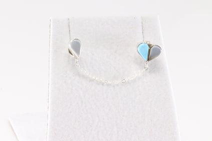 Native America Zuni Sterling Silver Pearl & Turquoise Butterfly Wing xDouble Stud Drop Earring's By