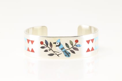 Native America Zuni Sterling Silver Multi-Color Stone Hummingbird Bracelet Cuff By D.Edaakie.