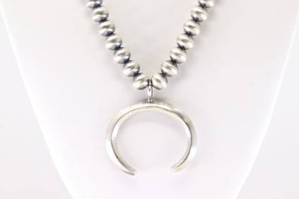 Native America Navajo Sterling Silver Pearl Beaded Naja Necklace By Rena Begay & Eugene Gruber.