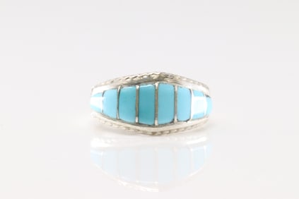 Native America Zuni Sterling Silver Turquoise Inlay Ring By M.P.
