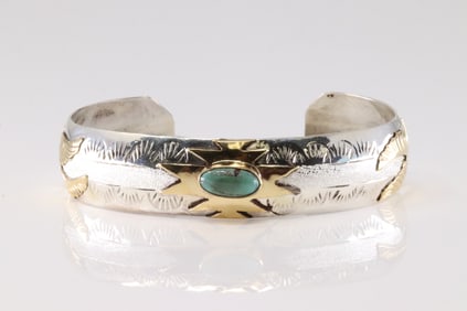 Native America Navajo Sterling Silver Turquoise Bracelet Cuff By G.J.