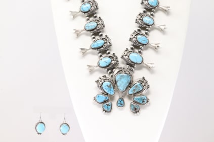 Native America Navajo Sterling Silver Kingman Turquoise Squash Blossom Necklace & Earring's Set By