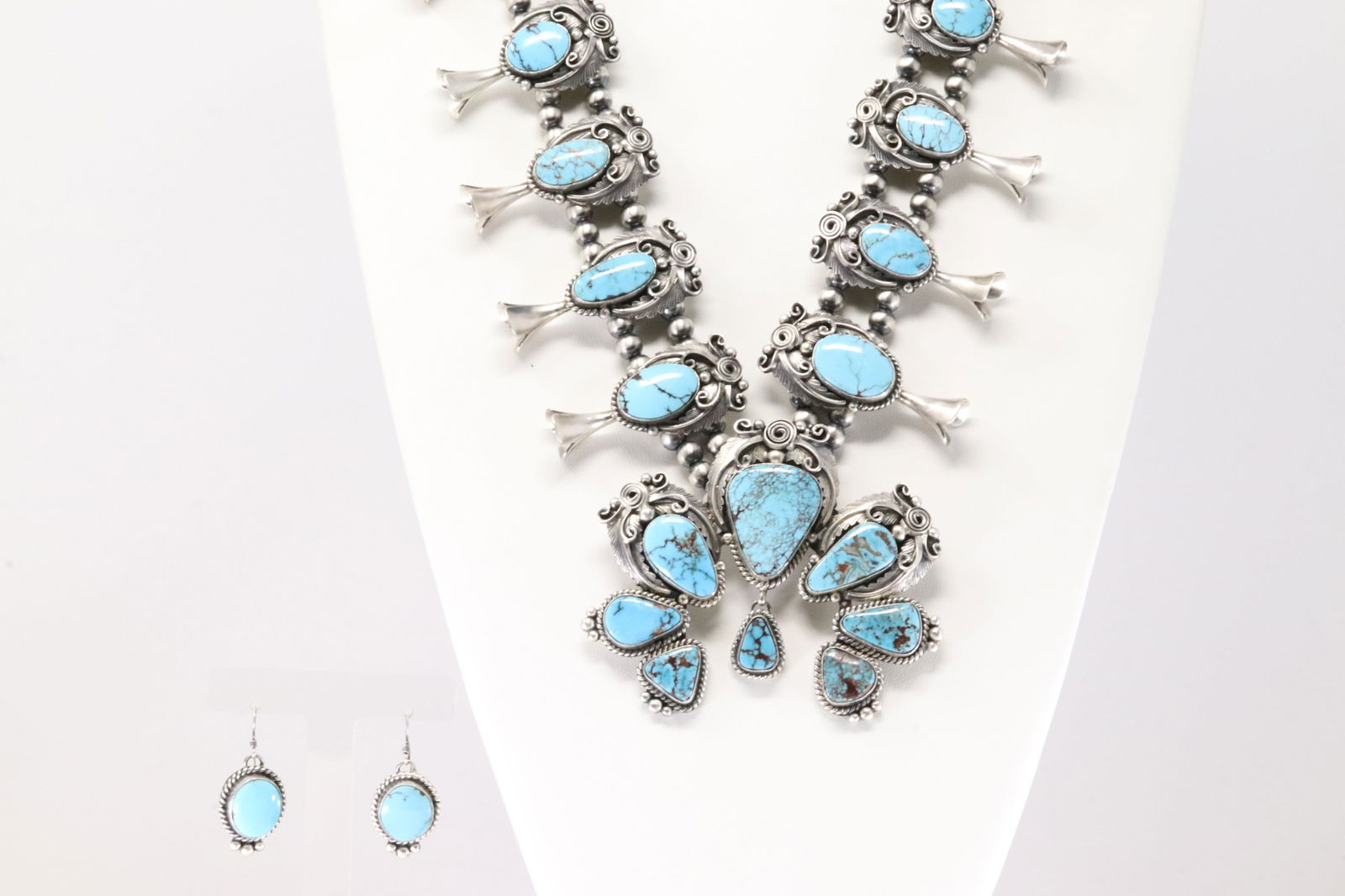 Native America Navajo Sterling Silver Kingman Turquoise Squash Blossom Necklace & Earring's Set By (1 of 9)