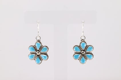 Native America Zuni Sterling Silver Turquoise Flower Dangling Earring's By Gina Dosedo.