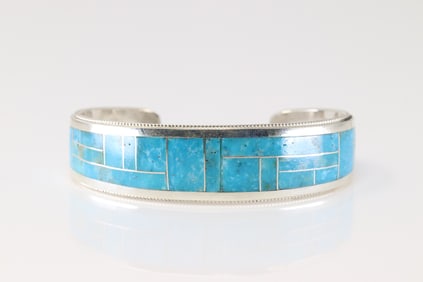Native America Zuni Sterling Silver Kingman Turquoise Inlay Bracelet Cuff By R.G.B.