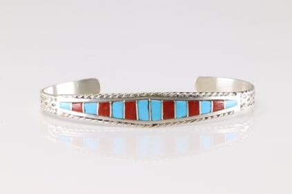 Native America Navajo Sterling Silver Coral & Turquoise Inlay Bracelet Cuff By M.P.