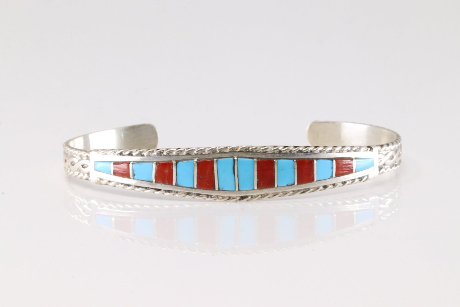 Native America Navajo Sterling Silver Coral & Turquoise Inlay Bracelet Cuff By M.P.: This is a Native America Navajo Sterling Silver Coral & Turquoise Inlay Bracelet Cuff By M.P.