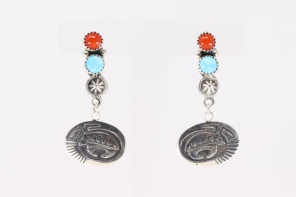Native America Navajo Sterling Silver Coral & Turquoise Post Dangling Earring's By Annette Martinez.