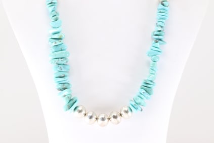 Native American Navajo Sterling Silver Turquoise / Pearl Beaded Necklace.