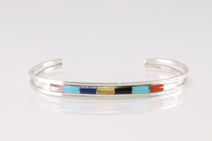 Native American Zuni Sterling Silver Multi-Color Stone Inlay Bracelet Cuff ALW.