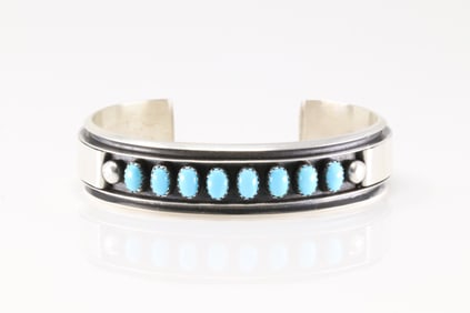 Native America Navajo Sterling Silver Kingman Turquoise Bracelet Cuff By Calvin James.