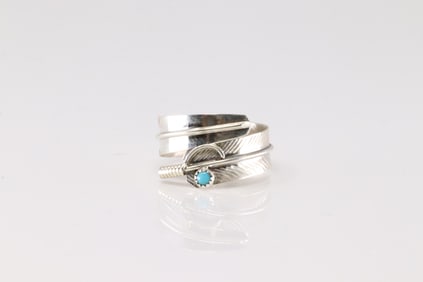 Native America Navajo Sterling Silver Turquoise Feather Ring By Aaron Davis.