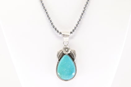 Native America Navajo Sterling Silver Kingman Turquoise Pendant By Jimson Belin. With Pearl Beaded
