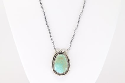 Native America Navajo Sterling Silver Kingman Turquoise Necklace By Brandon Etcitty.