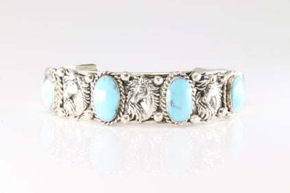 Native America Navajo Sterling Silver Turquoise Horse Bracelet Cuff By David Lopez.