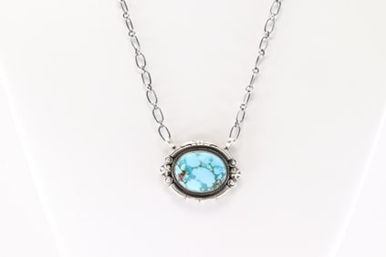 Native America Navajo Sterling Silver Kingman Turquoise Necklace By Daniel Benally.