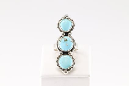 Native America Navajo Sterling Silver Turquoise Ring 3 Stone By S.