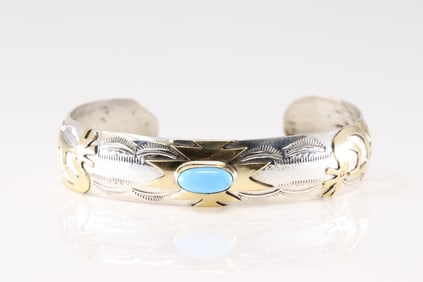 Native America Navajo Sterling Silver Turquoise Bracelet Cuff By Genevieve Jones.