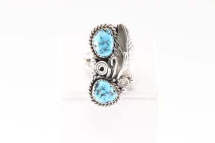 Native America Navajo Sterling Silver Turquoise Ring Leaf By L.Spencer.