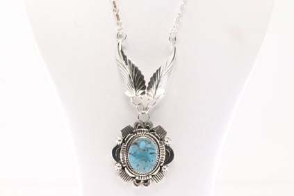 Native America Navajo Sterling Silver Turquoise Necklace Leaf By Jimson Belin.