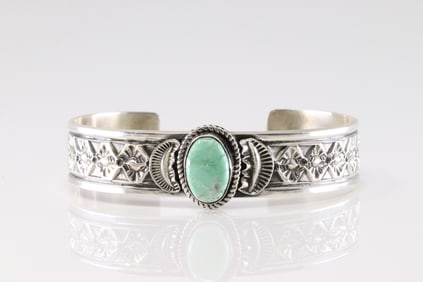 Native America Navajo Sterling Silver Turquoise Bracelet Cuff By Leonard Maloney.