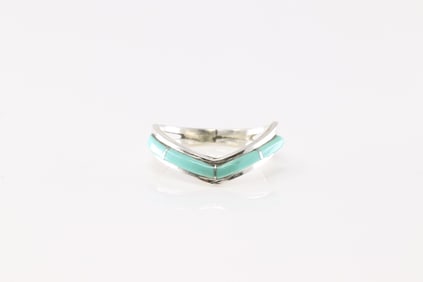 Native America Navajo Sterling Silver Turquoise Inlay Ring By Jannie Johnson.