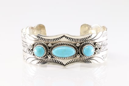 Native America Navajo Sterling Silver Turquoise Bracelet Cuff By Charlene Yazzie.