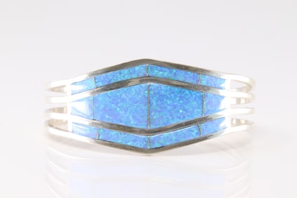Native America Navajo Sterling Silver Blue Opal Inlay Bracelet Cuff By A.E.