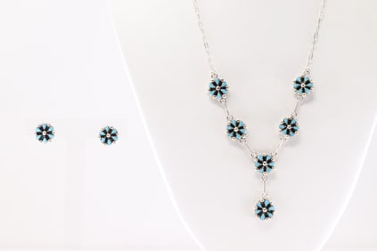 Native America Zuni Sterling Silver Turquoise Necklace & Earring's Set By Tricia Leekity.