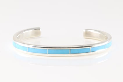 Native America Navajo Sterling Silver Kingman Turquoise Inlay Bracelet Cuff By Loretto.