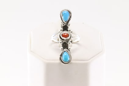 Native America Navajo Sterling Silver Coral & Turquoise Ring By Jerryson Henio.
