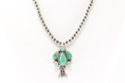 Native America Navajo Sterling Silver Turquoise Necklace By Bobby Platero.