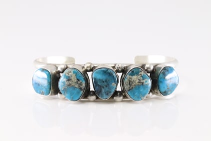 Native America Navajo Sterling Silver Kingman Turquoise Bracelet Cuff By A.L.