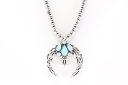 Native America Navajo Sterling Silver Turquoise Naja Necklace By Bobby Platero.