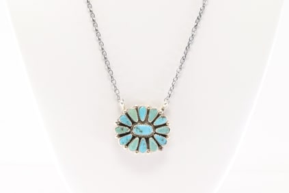 Native America Navajo Sterling Silver Kingman Turquoise Necklace By Alicia Wilson.